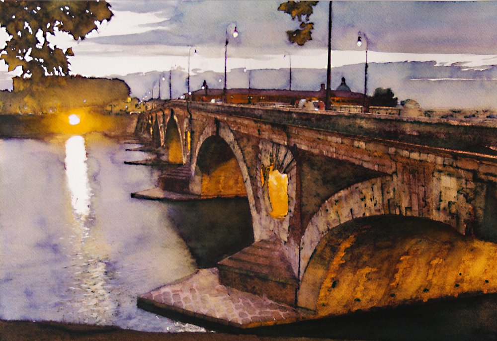 Le Pont Neuf à l'heure du soir, aquarelle